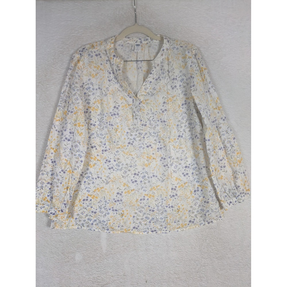 Old Navy Blouse Women's S White Floral Henley Split Neck Long Sleeve Boho